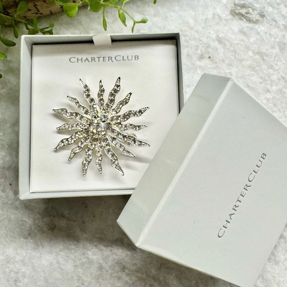 New Charter Club Clear Faceted Crystal Sun Silver Tone Pin Brooch 2” - Boxed